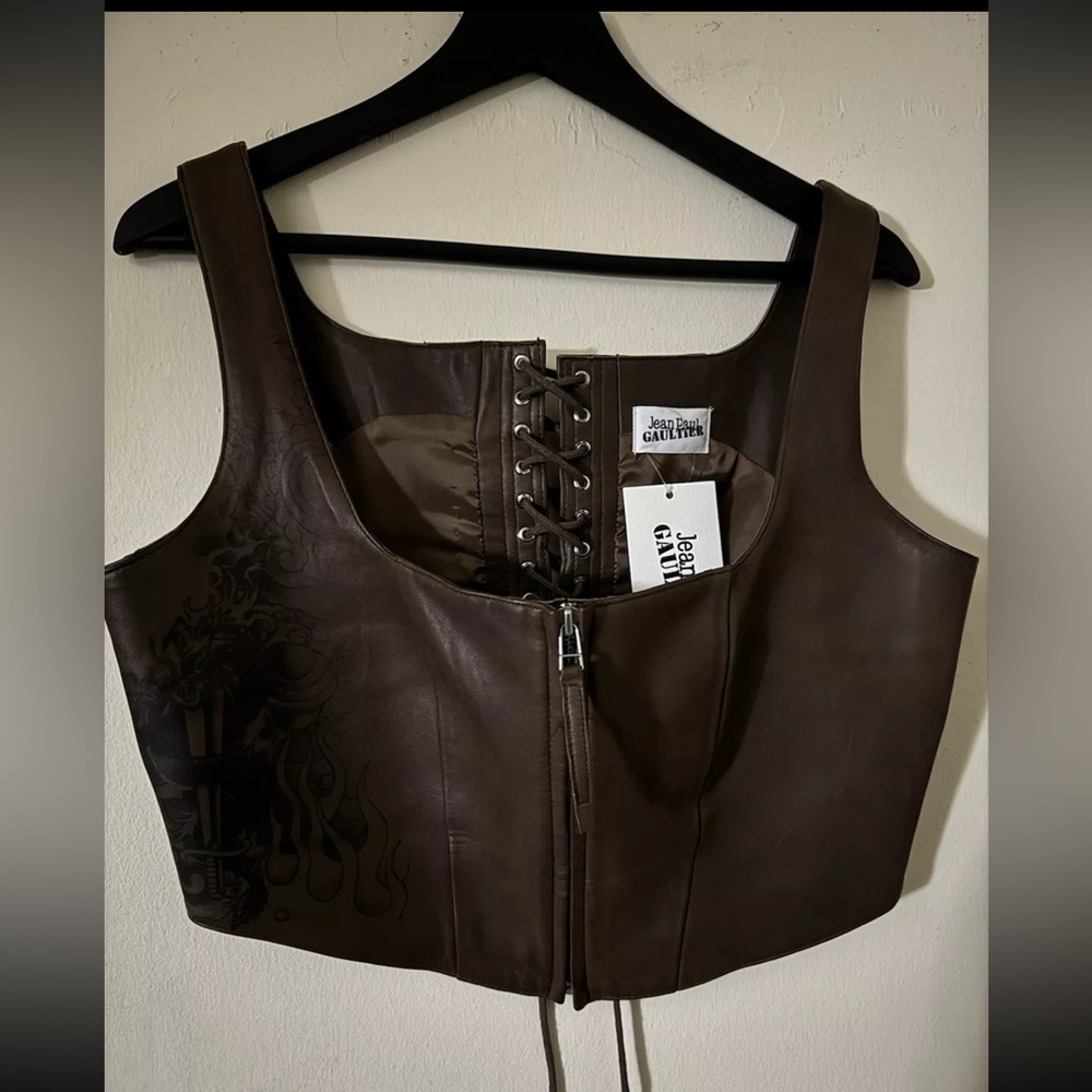 Jean Paul Gaultier Brown Leather Tattoo Corset Top